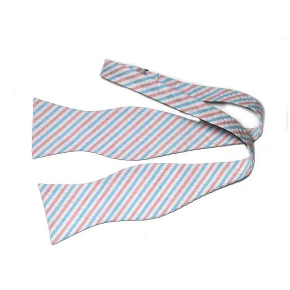 Cotton Seersucker Bow Tie Pink White Blue Striped Men's OS Adjustable - Picture 1 of 1